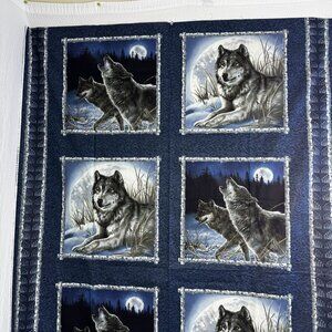 Wolf-Themed Quilted Fabric pillow Panel With Moonlit Forest Design Wildlife
